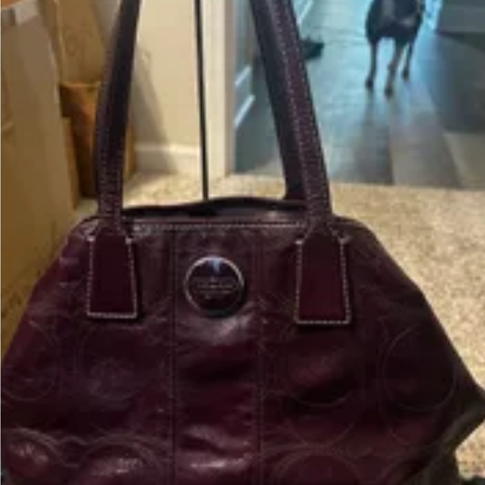 AUTH COACH SIGNATURE
STITCHED PATENT LEATHER
CARRYALL BAG PURSE F15658
PLUM